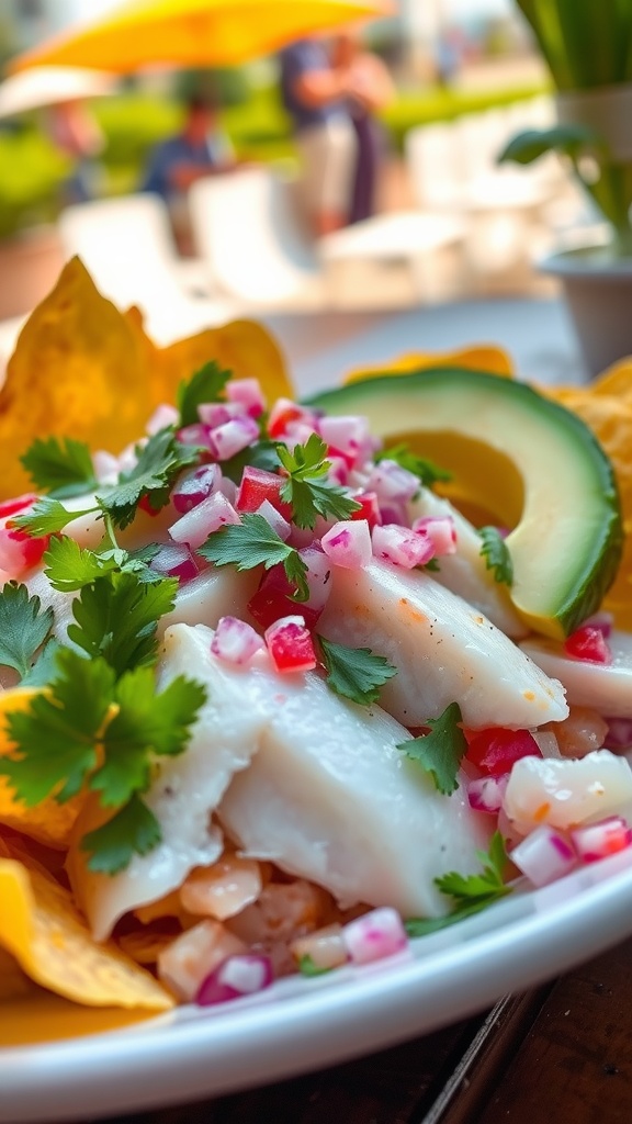 A colorful plate of branzino ceviche with lime dressing, cilantro, red onion, and avocado, served with tortilla chips.